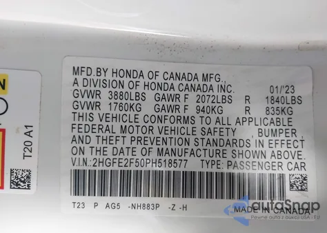 2023 Honda Civic Sport из США, поврежденный, VIN 2HGFE2F50PH518577